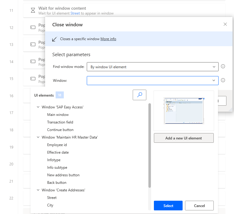 Screenshot of the Power Automate Desktop designer window with Close Window dialog open and the variables list open.