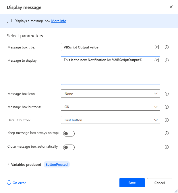 Screenshot that shows a display message action and its parameters.