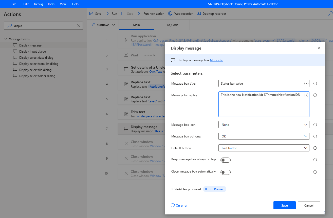 Screenshot that shows a Display message action dialog with its parameters specified.