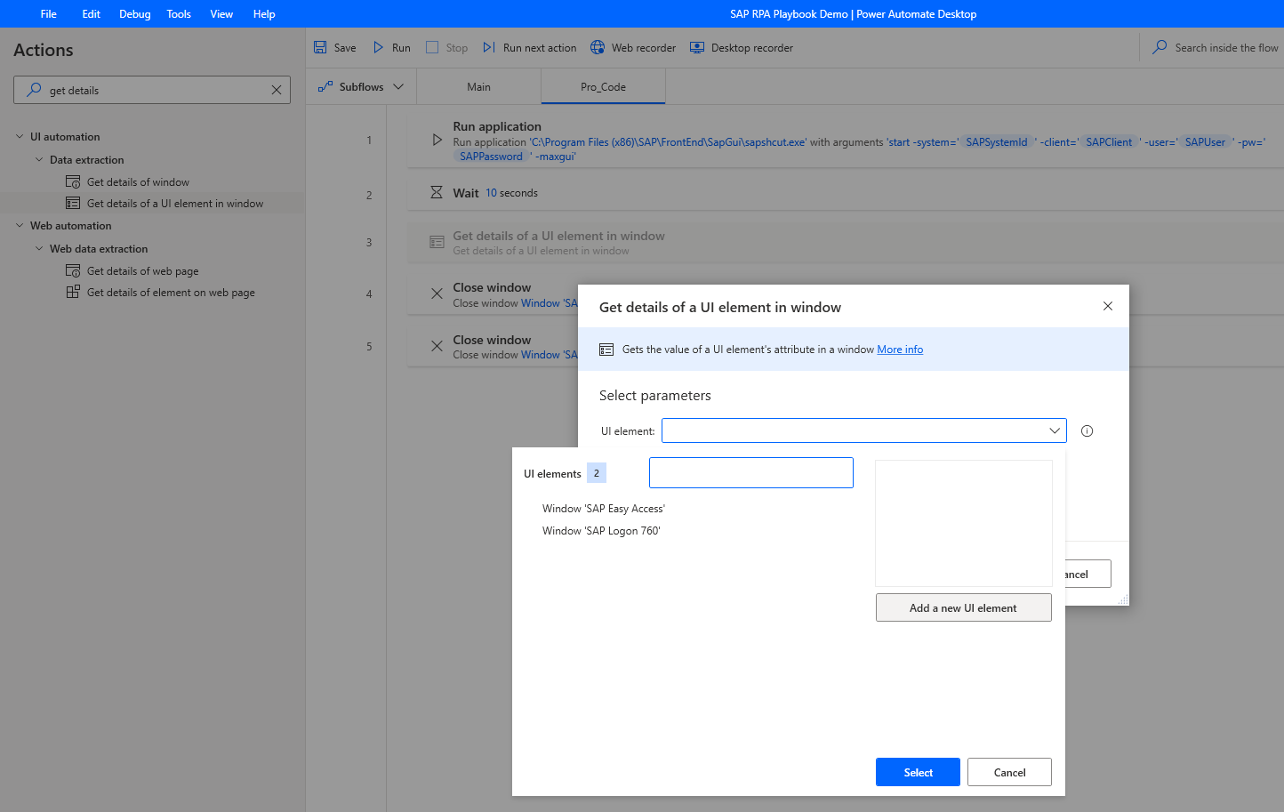 Screenshot that shows Get details of a UI element in window action dialog. The dialog has its UI element dropdown menu expanded, waiting for input.