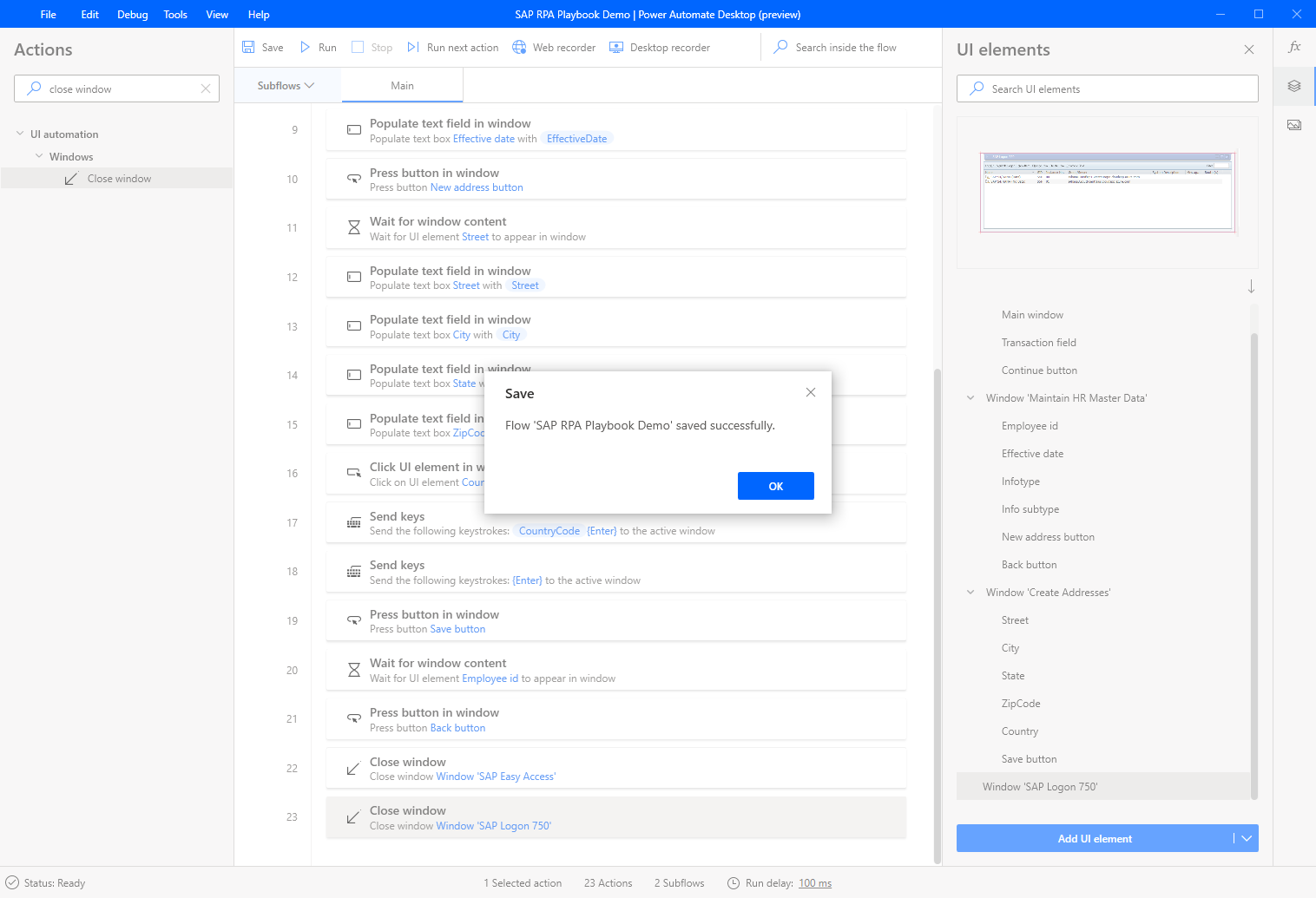 Screenshot of the Power Automate Desktop designer window with Save dialog open.