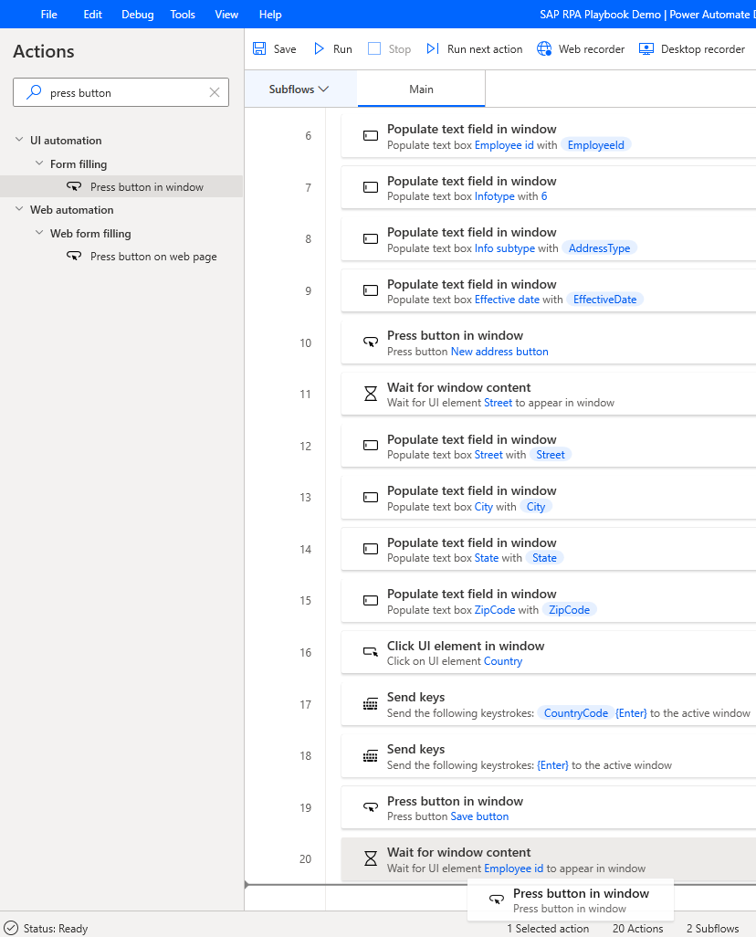 Screenshot of the Power Automate Desktop designer window with Press button in Window being added from the Actions pane after Employee ID.