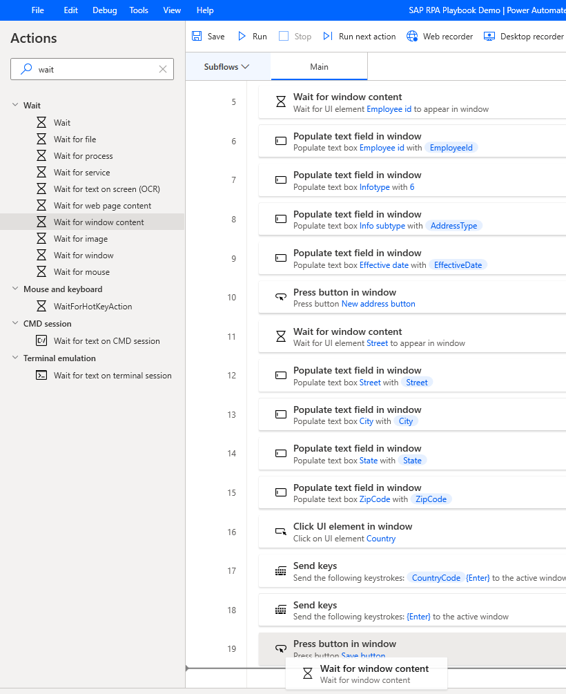 Screenshot of the Power Automate Desktop designer window with Wait for window content being added from the Actions pane.