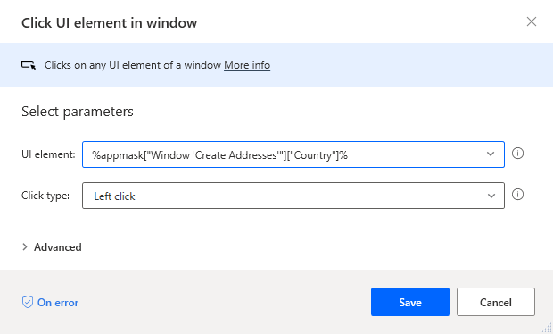 Screenshot of the Power Automate Desktop designer window with click UI element in window and left click type.