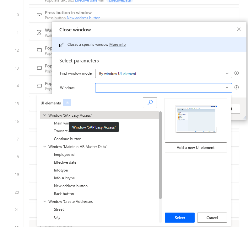 Screenshot of the Power Automate Desktop designer window with Close Window dialog open and the variables list open and Windows SAP Easy Access selected.