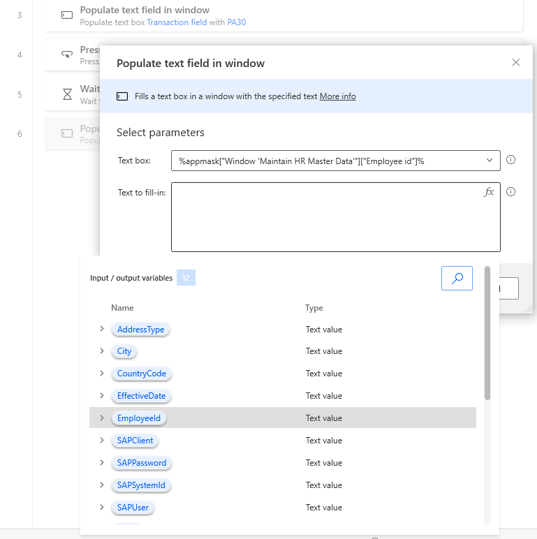 Screenshot of the Power Automate Desktop designer window with Populate text field in Window dialog open and the variables list open.