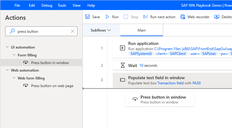 Screenshot of the Power Automate Desktop designer window with Press button in Window being added from the Actions pane below wait 10 seconds.