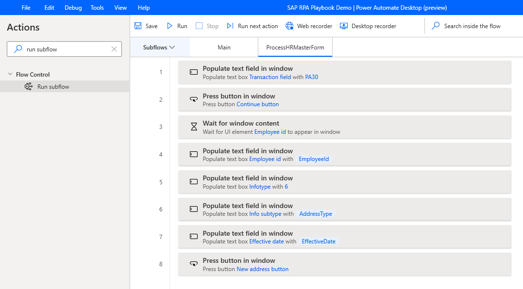 Screenshot of the Power Automate Desktop Designer window with the ProcessHRMasterForm subflow open and the copied rows pasted in.