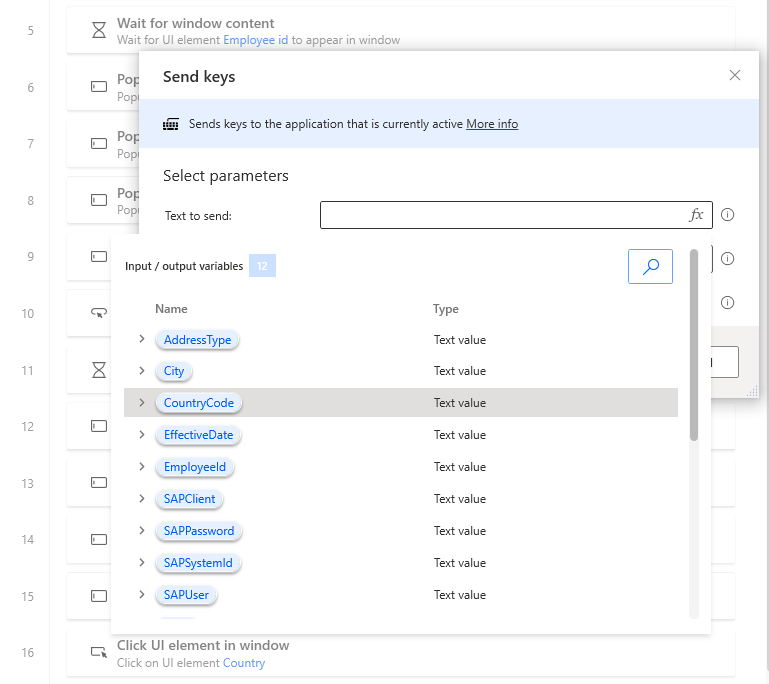 Screenshot of the Power Automate Desktop designer window with Send keys dialog open and the variables list open.