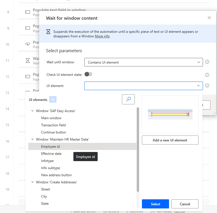 Screenshot of the Power Automate Desktop designer window with Wait for window content dialog open and the variables list open.