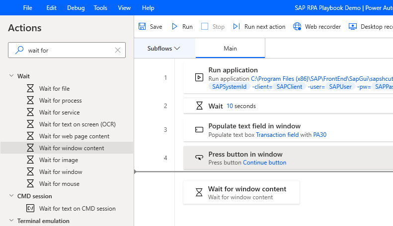 Screenshot of the Power Automate Desktop designer window with the Wait for window control action being added from the Actions page.