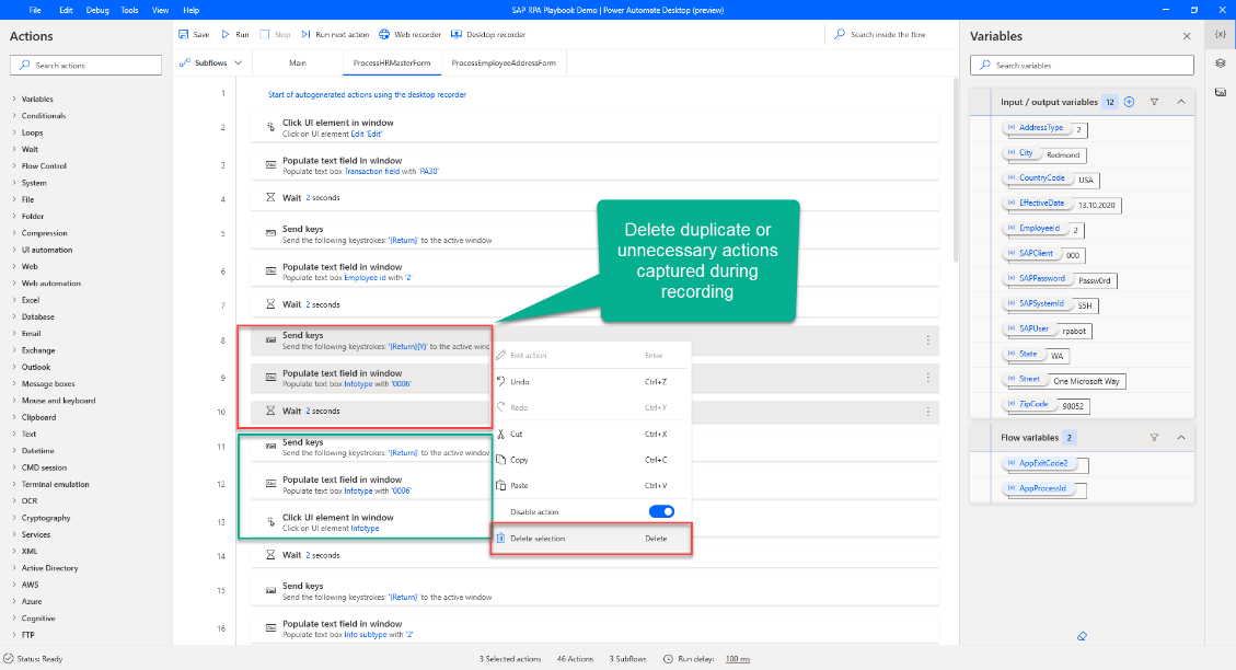 Screenshot of Power Automate Desktop that shows duplicate or accidentally captured actions.