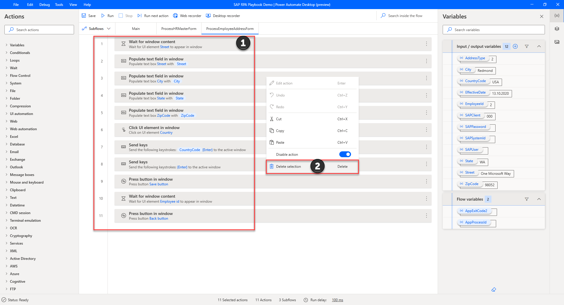 Screenshot of Power Automate Desktop that highlights all actions that are to be deleted within the ProcessEmployeeAddressMaster subflow.