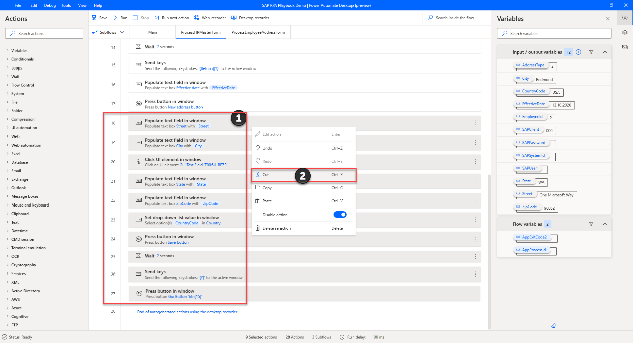 Screenshot of Power Automate Desktop that shows address creation actions have been highlighted and removed.