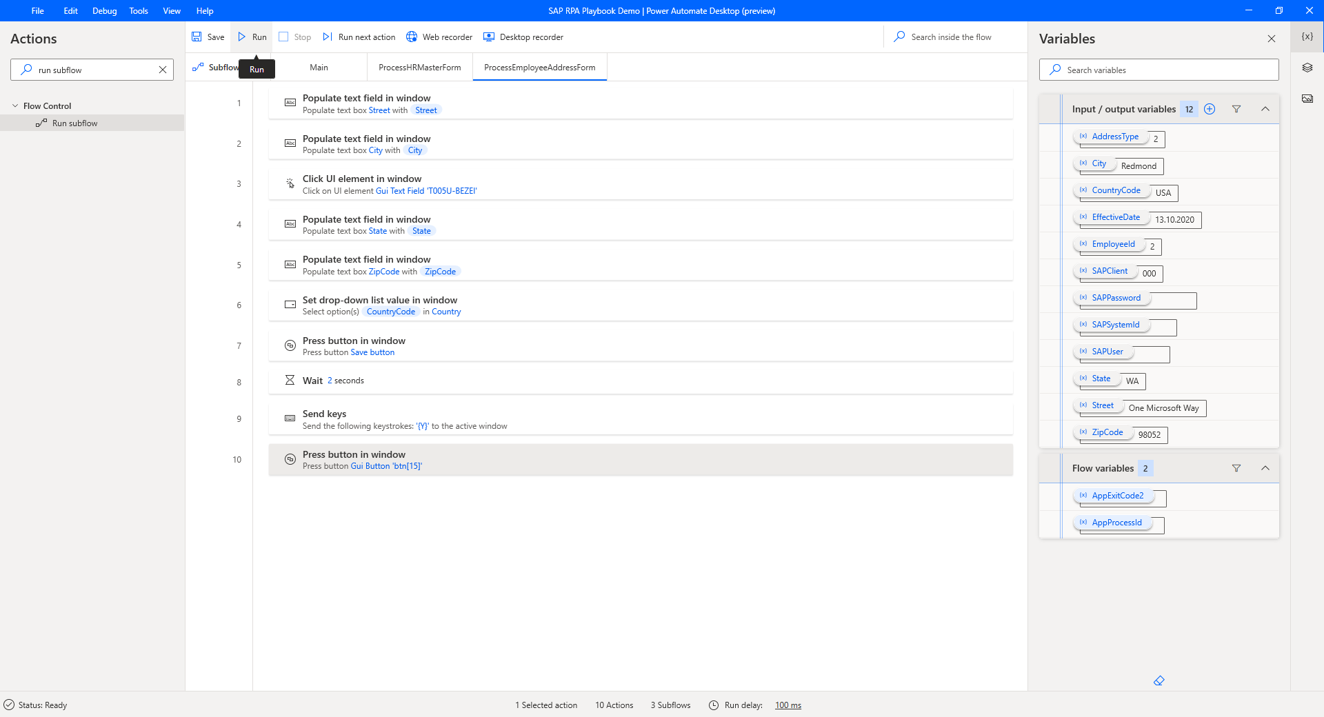 Screenshot of Power Automate Desktop that shows the final desktop flow that’s ready to be tested. Select the run command to start the test.