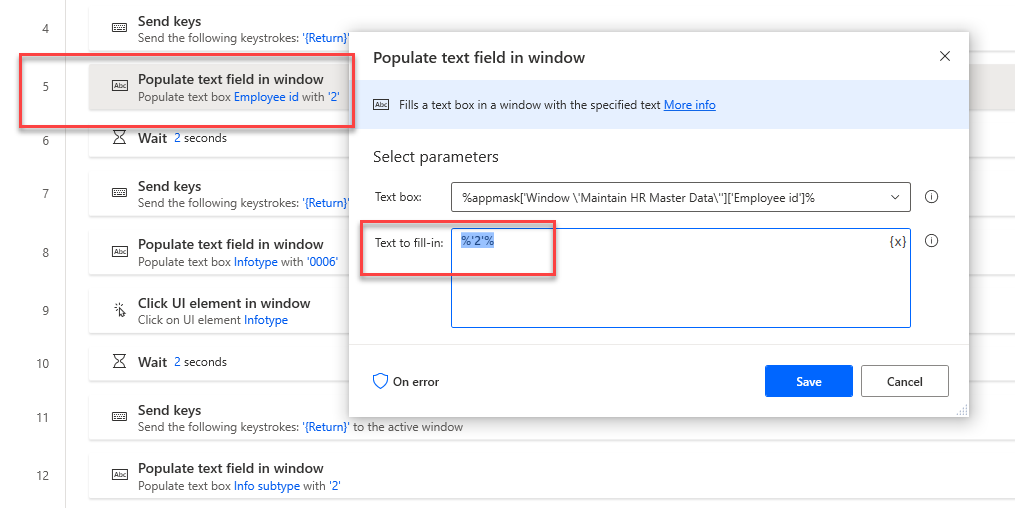 Screenshot of Power Automate Desktop that shows a Populate text field action dialog where a hard-coded employee ID can be replaced with a previously defined variable.