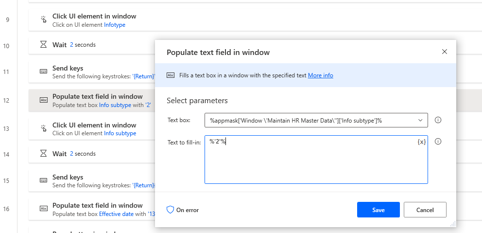 Screenshot of Power Automate Desktop showing a Populate text field action dialog where the hard-coded info subtype can be replaced with a previously defined variable.