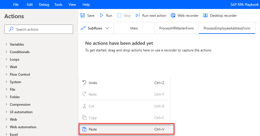 Screenshot of Power Automate Desktop that shows a context menu within the ProcessEmployeeAddressForm sub flow with the paste command highlighted.