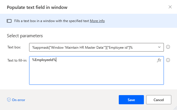 Screenshot the Populate text field in Window dialog.