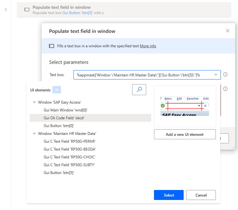 Screenshot of the Populate text field in window dialog with the Text box dropdown menu open and the available UI elements showing.