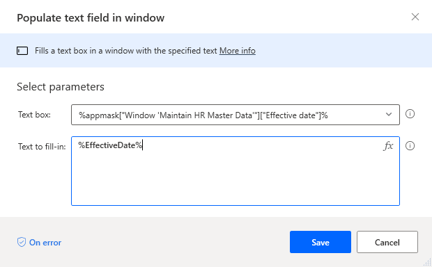 Screenshot of the Populate text field in Window dialog with Text box field set to Effective Date and text to fill in set to EffectiveDate.