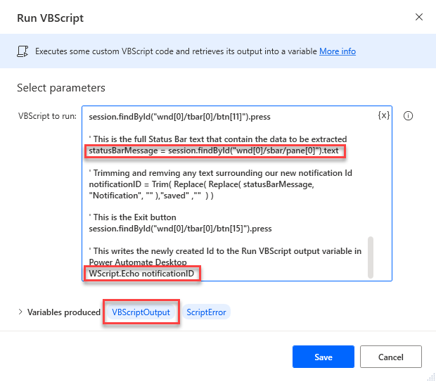 Screenshot that shows a Run VBScript action dialog with highlighted script that enables SAP status bar text extraction.