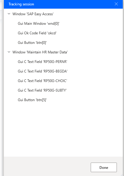 Screenshot of the Tracking session dialog with the UI elements from the SAP Easy Access windows added to it.