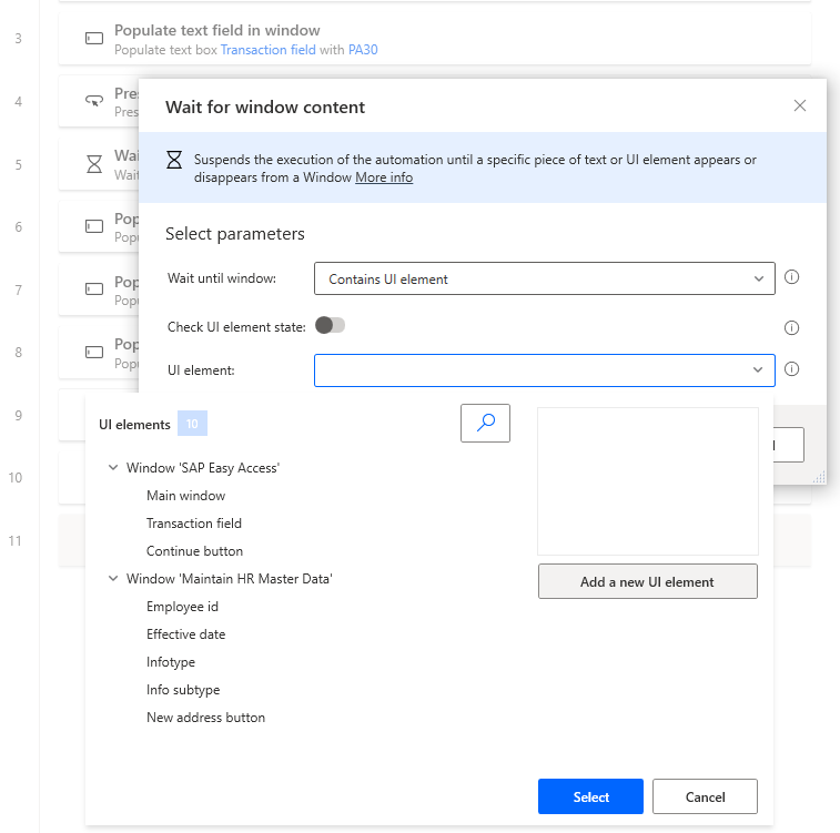 Screenshot of Wait for window content dialog with the UI elements drop down open.