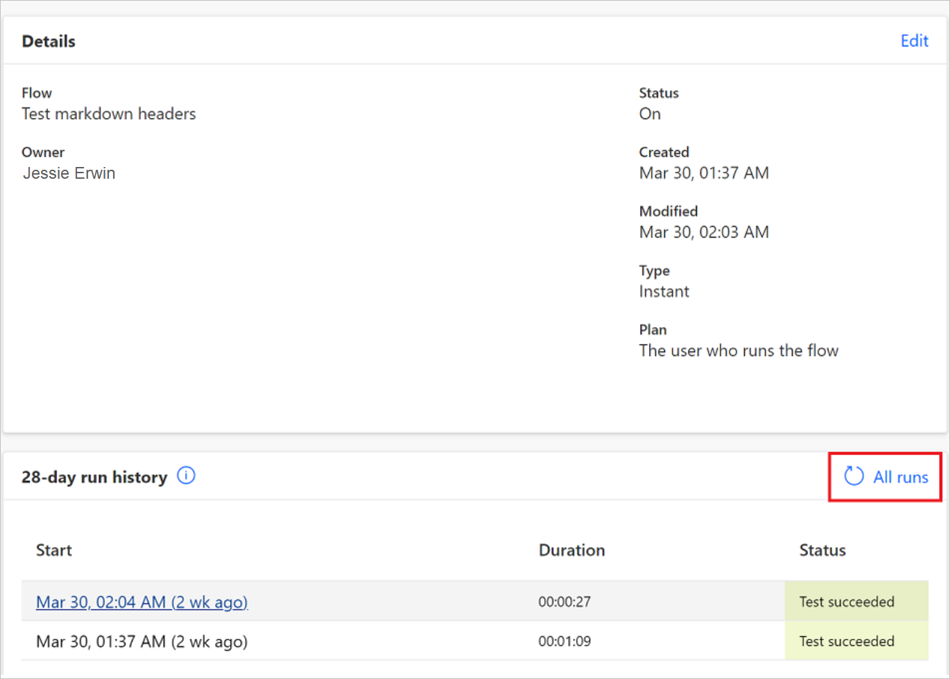 Screenshot that displays all runs for the selected flow.