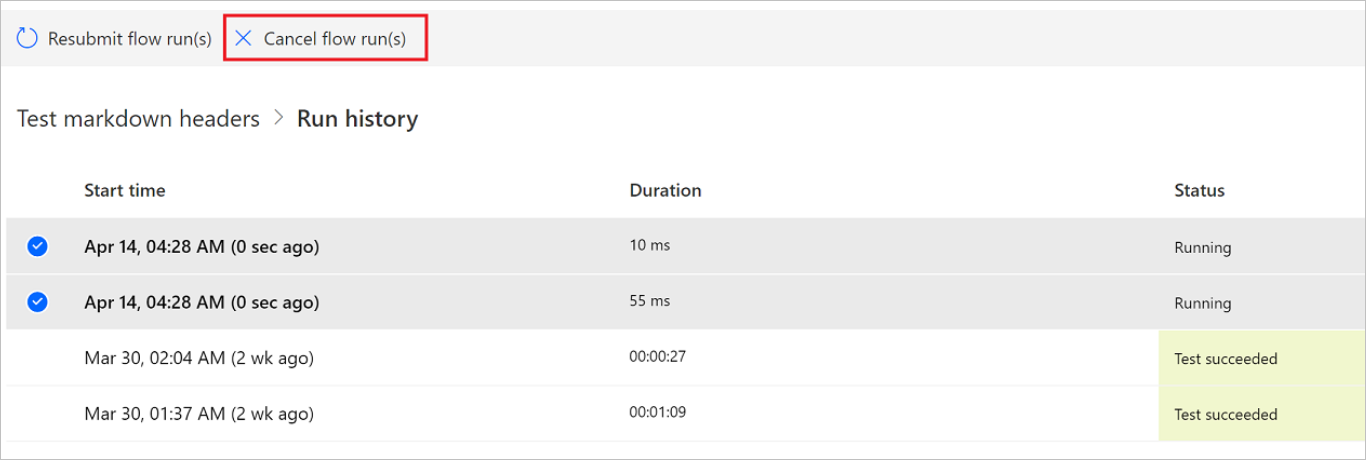 Screenshot that displays the Cancel flow run(s) button.