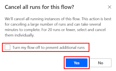 Screenshot of the 'Cancel all runs for this flow' message.