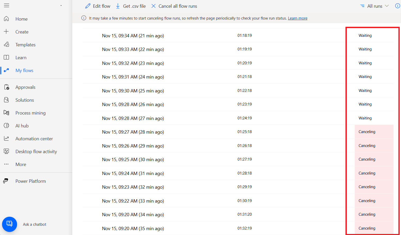 Screenshot of flow runs in states of 'Waiting' and 'Canceling'.