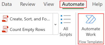 Screenshot of the Automate Work command on the Excel for the web toolbar.