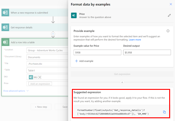 Screenshot of how to format a number into a currency by providing an example. Power Automate suggests the expression to achieve this transformation.