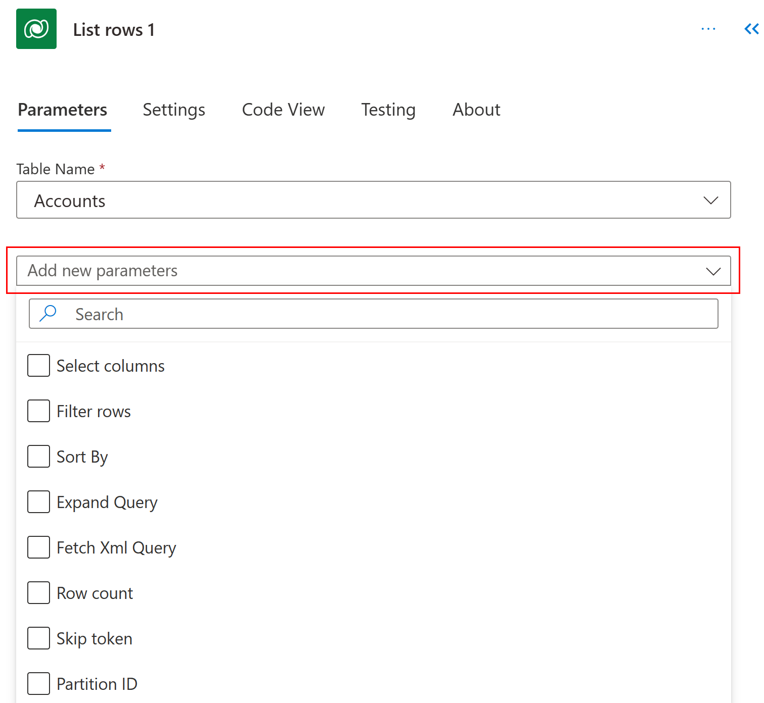 Screenshot of advanced options for the List rows action in the Configuration action pane.