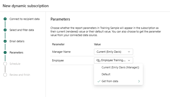 Screenshot of the Power BI service showing dynamic parameter options on the Parameters window.