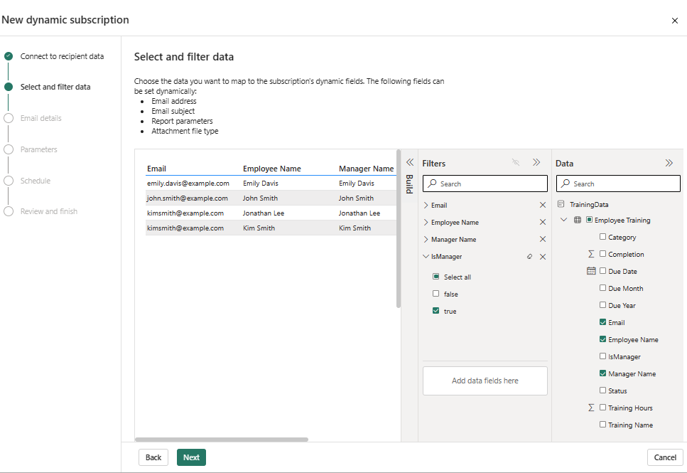 Screenshot of the Power BI service showing the Select and filter data page for dynamic subscriptions.