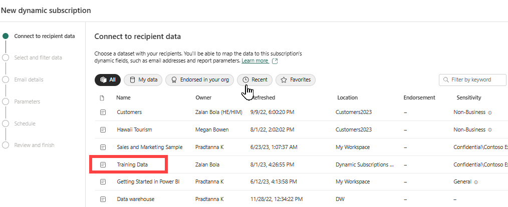 Screenshot of the Power BI service showing Connect to recipient data step of the wizard, with Training data outlined in red.