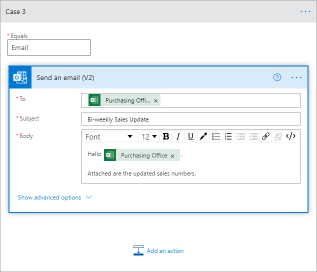 Screenshot that shows the case where you're sending your paginated report as an email via Outlook.