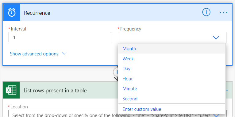 Screenshot that shows where to select recurrence for your flow.