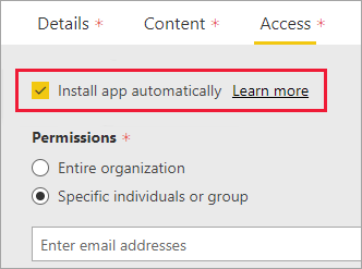 Screenshot of the Power BI admin portal with Install app automatically selected.