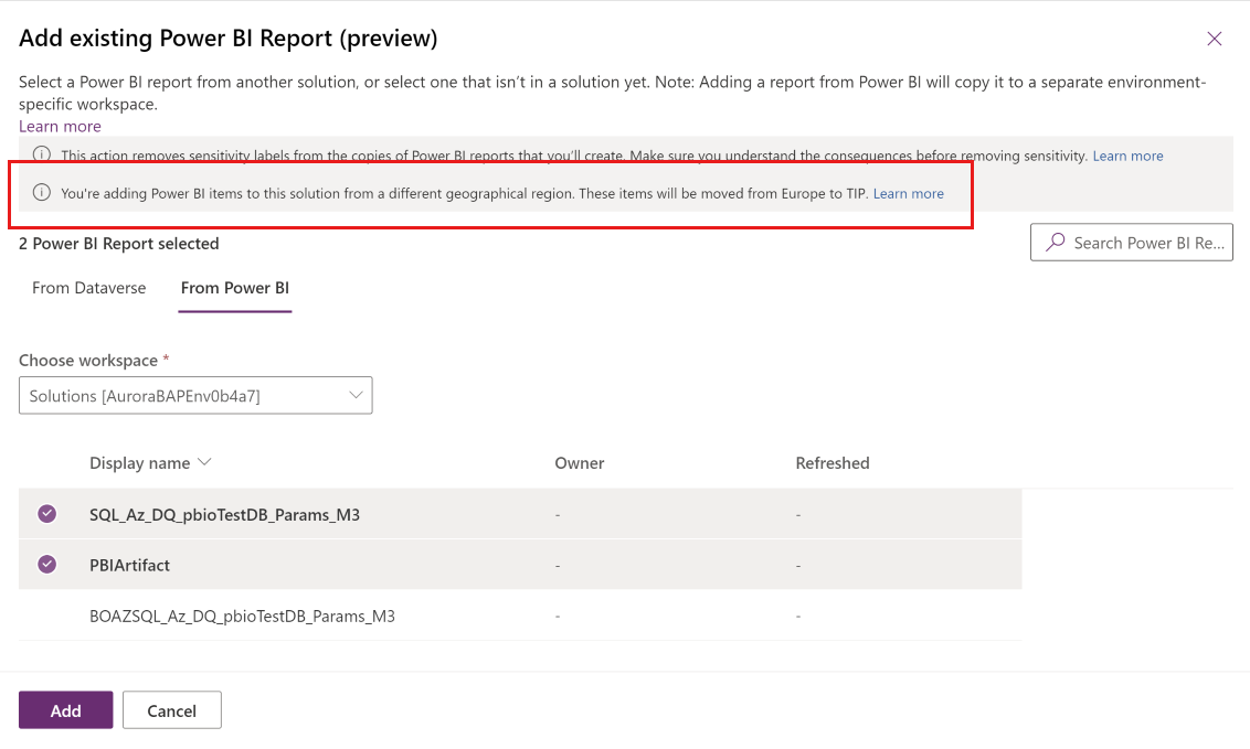 Screenshot of a cross-geo operation notification banner in the Power BI/Power Apps solutions integration.