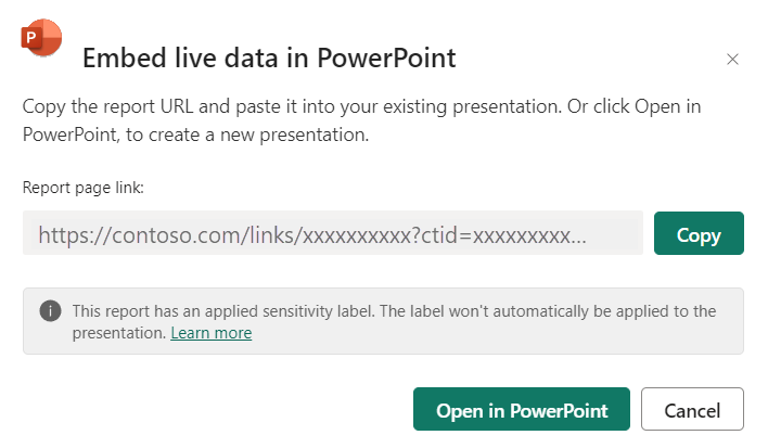 Screenshot showing the embed live data in PowerPoint dialog window.