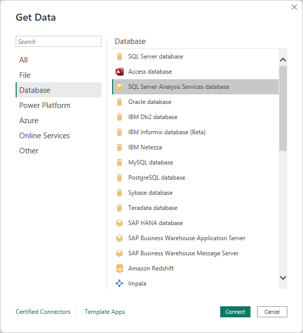 Screenshot shows the Get Data dialog with SQL Server Analysis Services database selected.