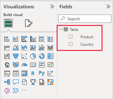 Screenshot shows the table created with the two fields loaded into Power BI Desktop.