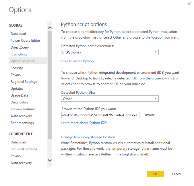 Screenshot of the Options dialog, showing Other entered in the Detected Python IDE field.