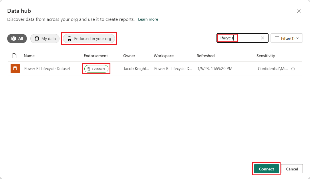 Screenshot that shows the list of available semantic models.