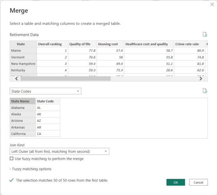 Screenshot of Power Query Editor's Merge dialog.