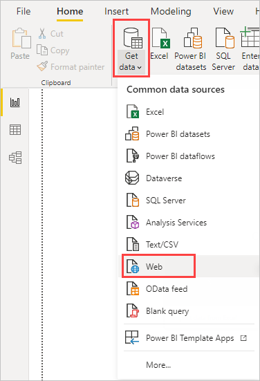 Screenshot shows the Get data option on the ribbon with Web selected.