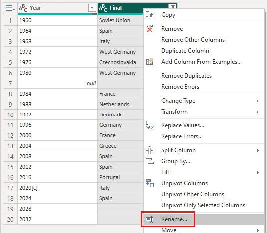 Screenshot shows the Rename option selected from the context menu for a column.